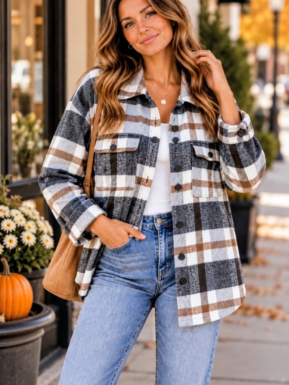 Plaid Shacket Jacket Shirt Flannel Charcoal Tan Cream Long Sleeve L Overshirt